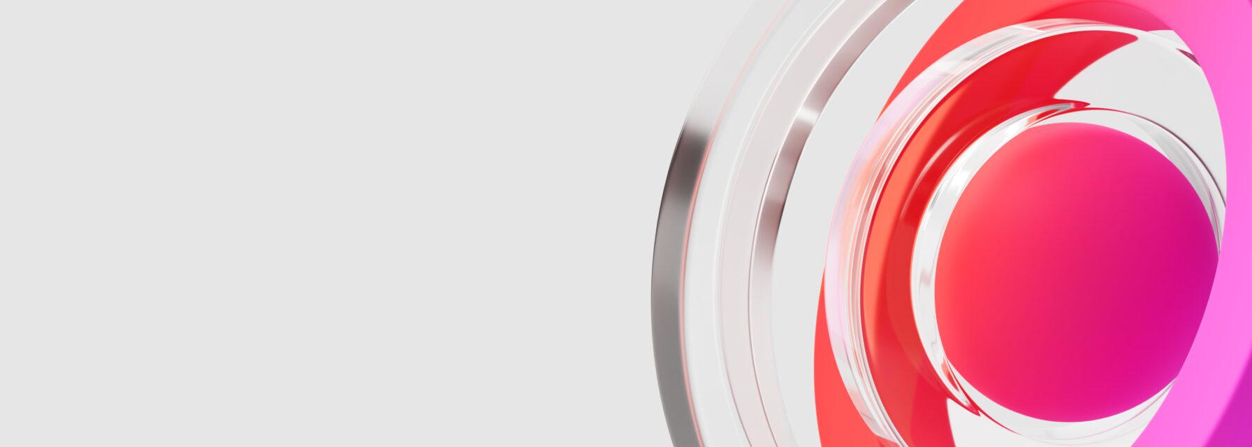 Abstract graphic with concentric circles in pink, red, transparent, and purple on a light gray background.