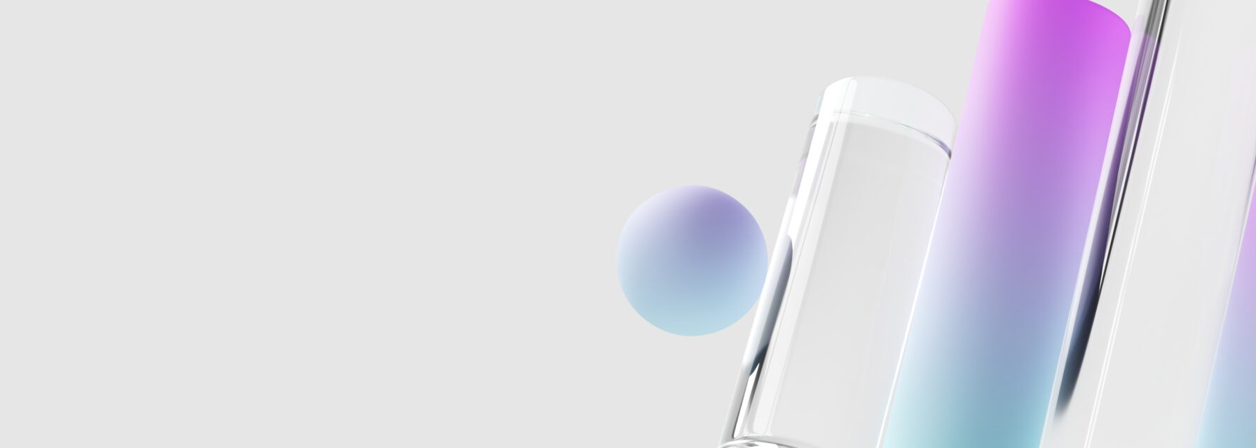 A collection of cylindrical and spherical objects with a gradient color scheme from purple to blue, set against a light gray background.