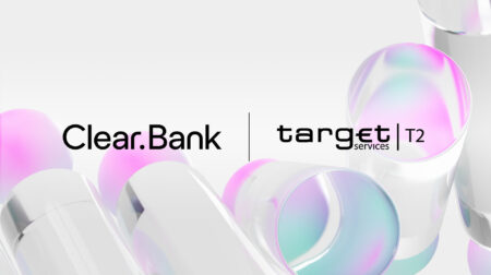 Collaboration announcement between Clear.Bank and Target Services T2, displayed over a background of abstract, glossy cylindrical shapes in pastel gradients of pink, purple, and blue.