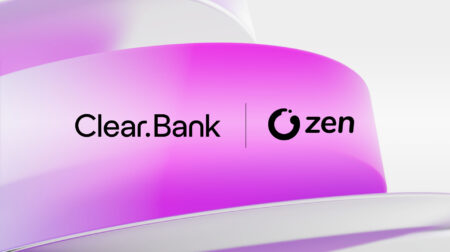 Gradient background in shades of purple and white. Centered are two logos separated by a vertical line: 'Clear.Bank' in black font on the left, and a circular logo followed by the text 'zen' in black font on the right.