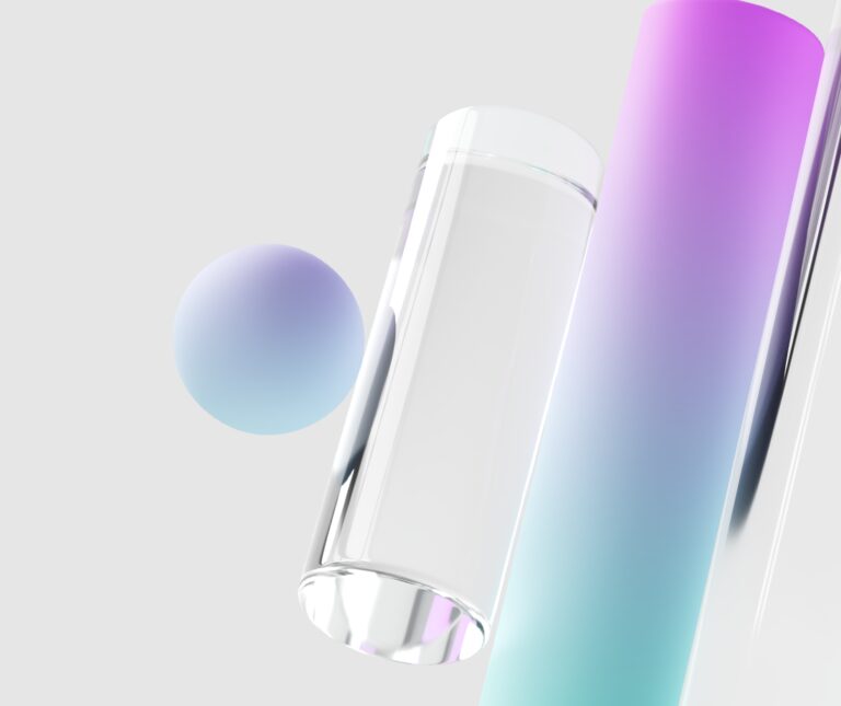 A collection of cylindrical and spherical objects with a gradient color scheme from purple to blue, set against a light gray background.