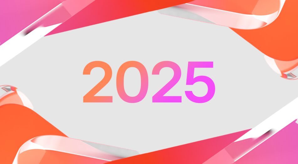 Graphic showing '2025' in large gradient text with abstract pink and orange shapes on a light gray background.
