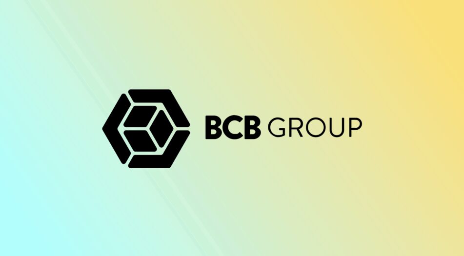 BCB Group logo featuring a black hexagon with abstract design and black text on a gradient background from light blue to yellow.