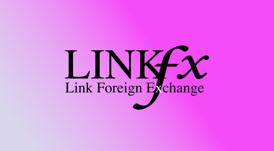 A gradient background transitioning from light blue on the left to bright pink on the right, with black text in the center that reads "LINKfx" and "Link Foreign Exchange" written below it.