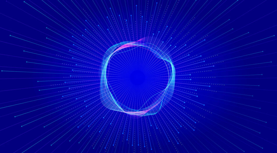 Abstract geometric design with intertwining blue and pink lines forming a central circle and radiating outward in a starburst pattern on a blue background.