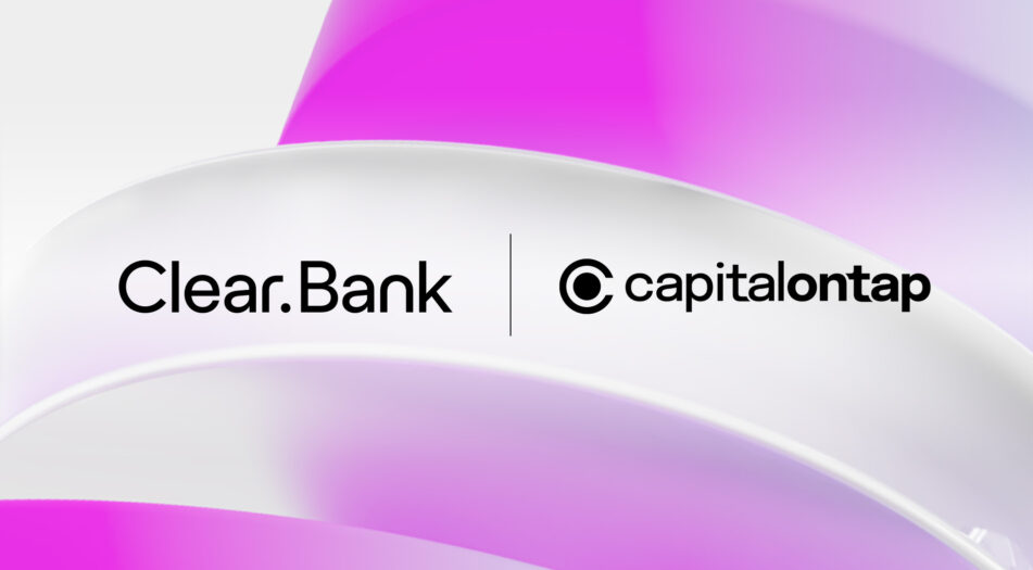 Logo of 'capitalontap' displayed next to the ClearBank logo with a yellow to purple gradient background.