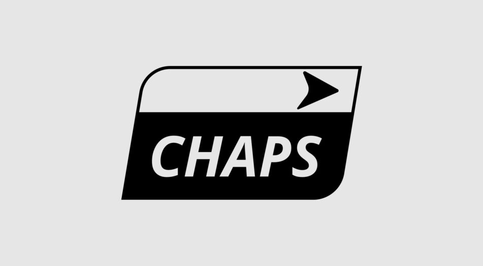 Logo with the word 'CHAPS' in bold white letters on a black background. Above the text is a white section featuring a black arrow pointing to the right.