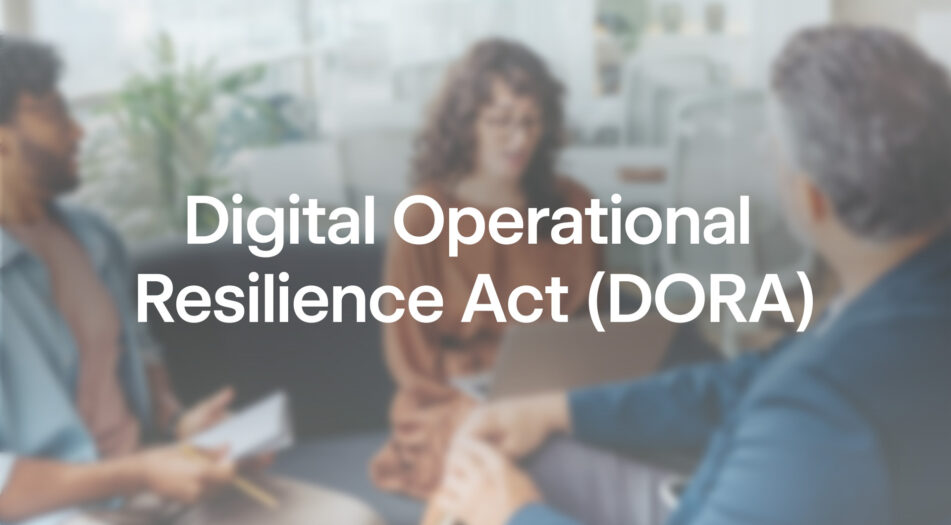 Blurred image of three people seated in a meeting room, with the text 'Digital Operational Resilience Act (DORA)' prominently displayed in the center.