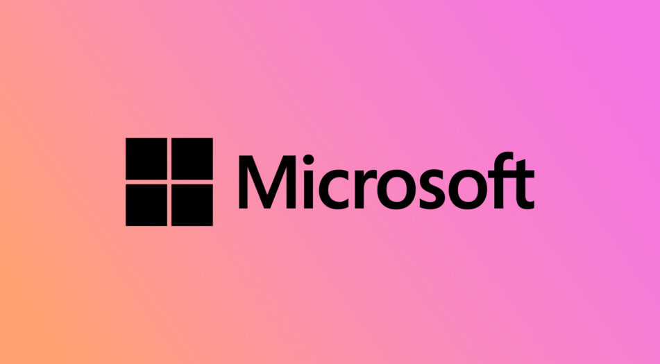 The Microsoft logo, featuring a black square divided into four smaller squares, followed by the word "Microsoft" in black text, set against a gradient background of pink and orange hues.
