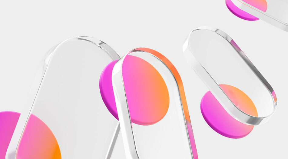 A series of transparent, oval-shaped objects with rounded edges, each containing a gradient-colored circle transitioning from pink to orange, arranged diagonally on a light gray background.