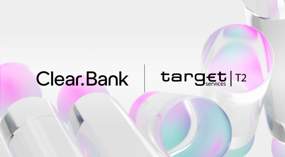 Collaboration announcement between Clear.Bank and Target Services T2, displayed over a background of abstract, glossy cylindrical shapes in pastel gradients of pink, purple, and blue.