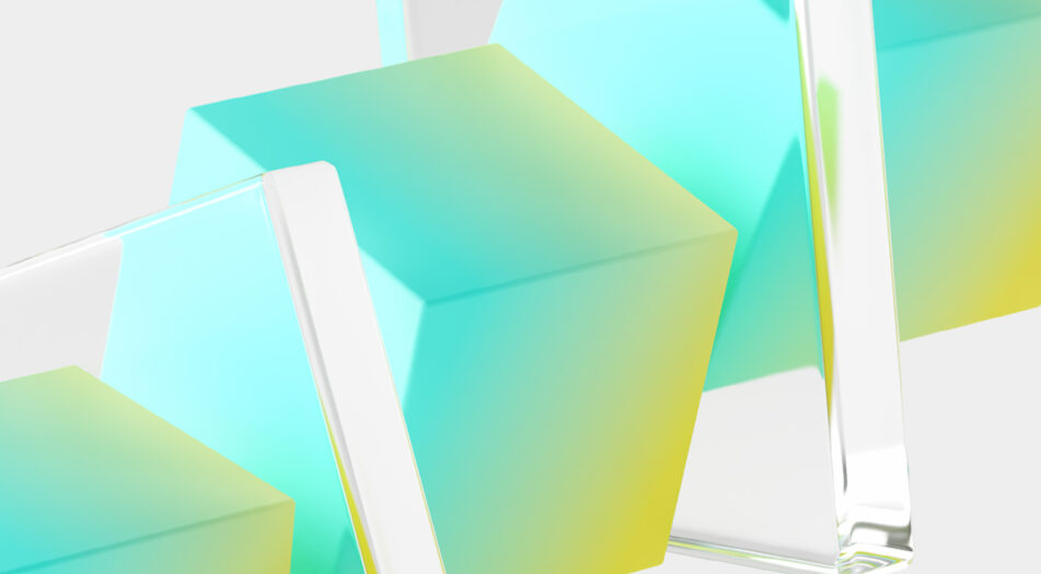 A series of translucent, gradient-colored geometric shapes—mainly cubes in blue, green, and yellow hues—arranged in a staggered formation. Clear vertical rectangular prisms intersect the cubes, all set against a light gray background.