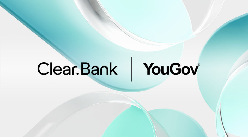 Logos of Clear.Bank and YouGov displayed side by side, separated by a vertical line. The background features abstract curved shapes in light blue and white.