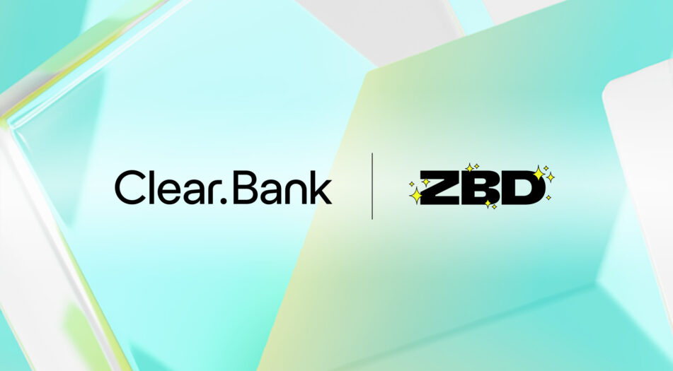 Light blue and green abstract background featuring the logos of Clear.Bank and ZBD in the center, separated by a vertical line. Clear.Bank is in black text on the left, and ZBD is in black text with yellow accents on the right.